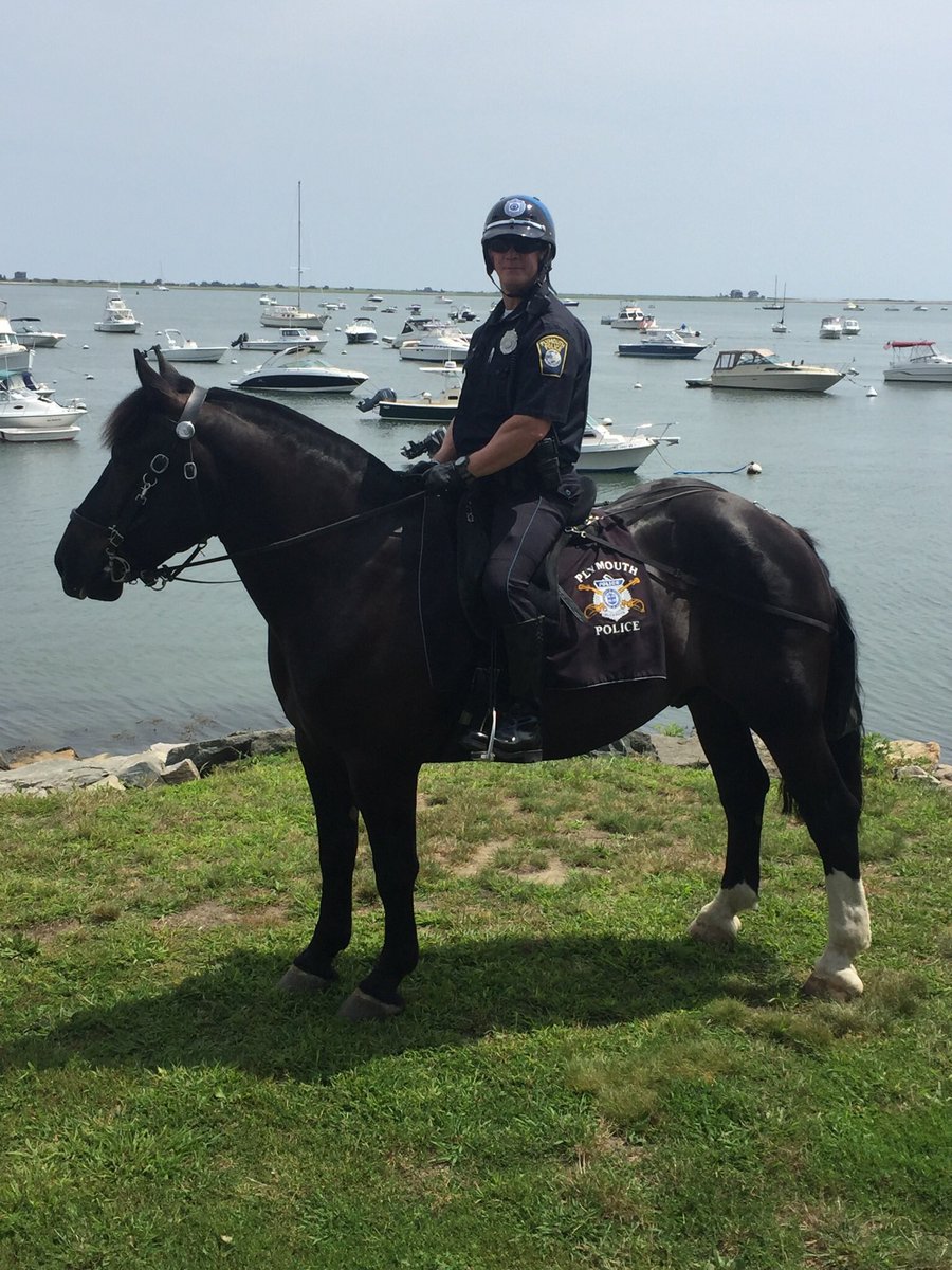 Plymouth_Police's tweet photo. Mounted Unit Officer Caraher on Tobias &amp; @PlymouthSheriff Deputy Buccafusca on Patriot patrolling the downtown Plymouth and waterfront area https://t.co/v4OkWoyUeD