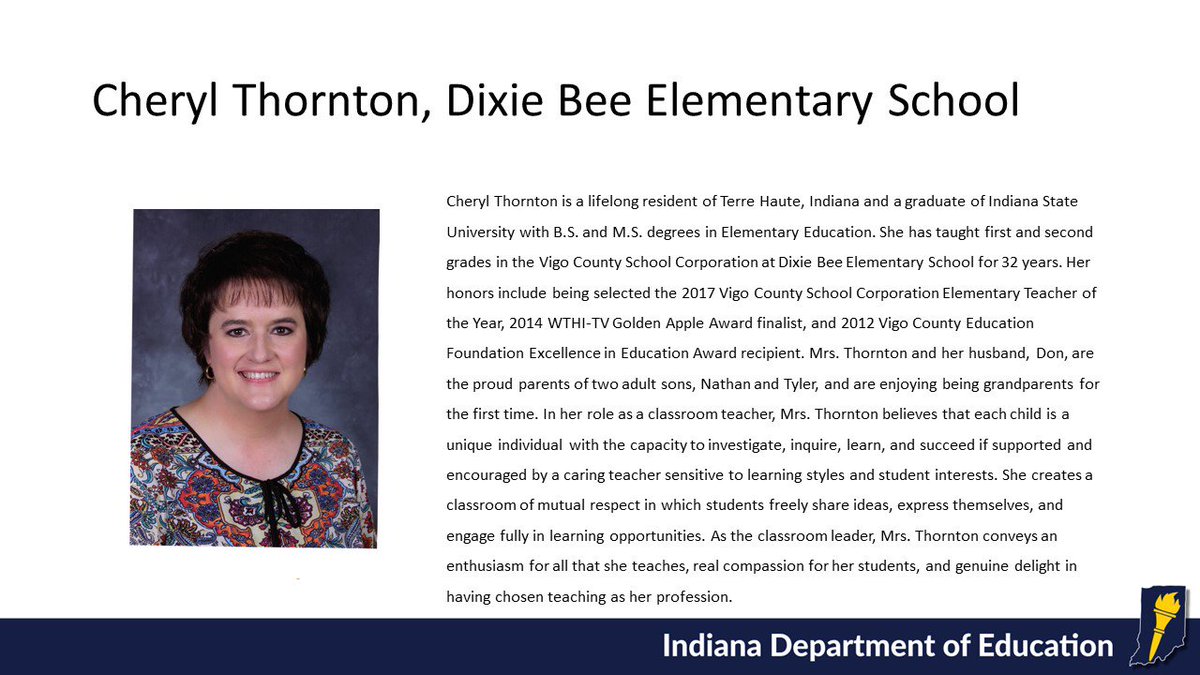 EducateIN's tweet photo. Meet Cheryl Thornton from @vcsctwt, 1 of 59 finalists for Indiana Teacher of the Year! #INTOY18 https://t.co/ddcj0GtIpC