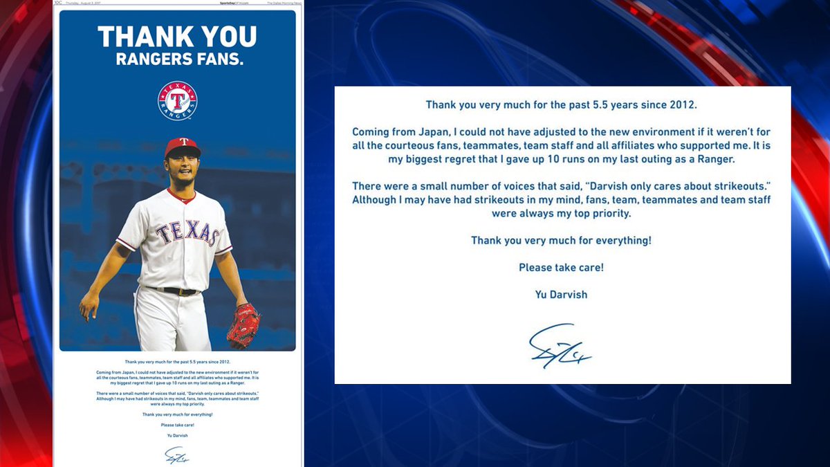 Former Rangers pitcher Yu Darvish buys ad thanking fans ...