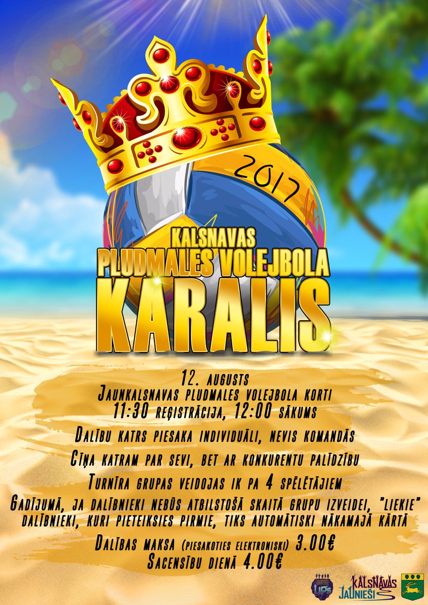 KALSNAVAS PLUDMALES VOLEJBOLA KARALIS jeb King of the beach
Elektr. pieteikums: goo.gl/forms/HMfF6VgS… …
Nolikums: ej.uz/juho
