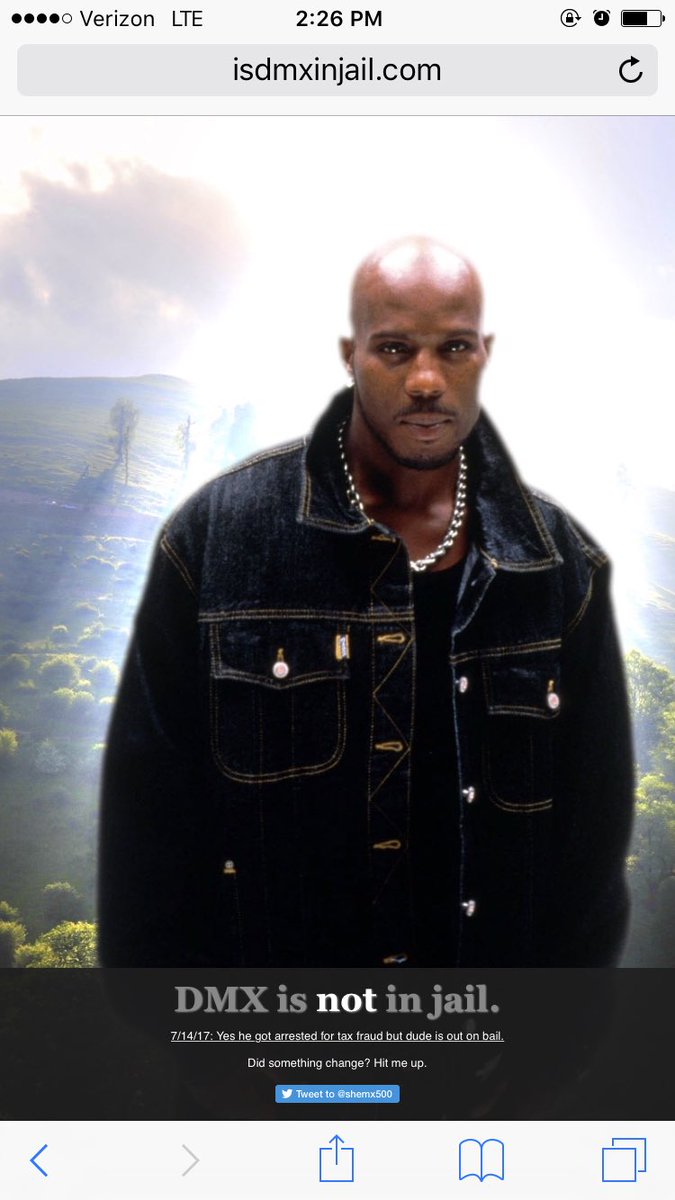 bbapples's tweet photo. Off to see Ruff Ryder's tonight, but first had to check if DMX was in jail... thank god for the internet #isdmxinjail.com #genius #thanks https://t.co/ixz5KKuU12