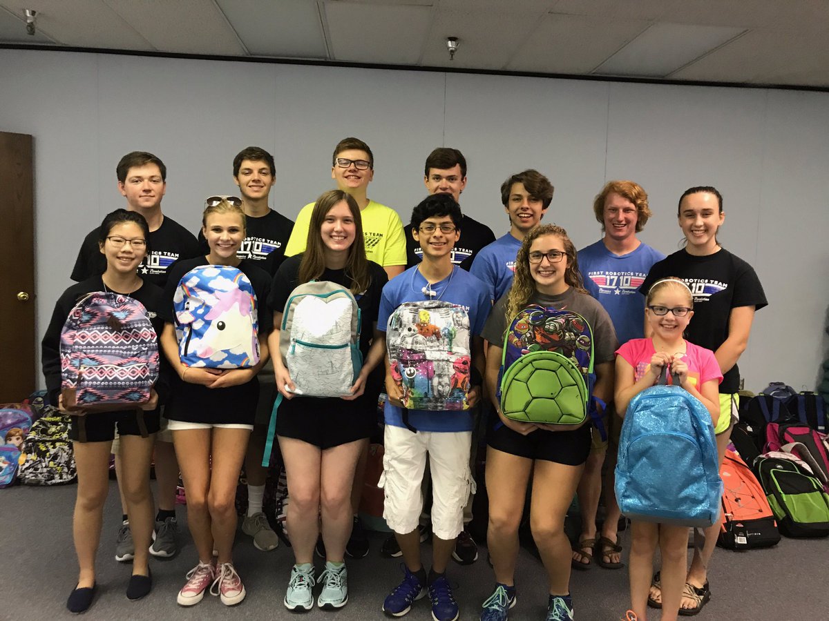 Ravonics1710's tweet photo. We stuffed more than 1,800 backpacks with supplies to give to schools in our district! #morethanrobots https://t.co/c5wFvRb8iH