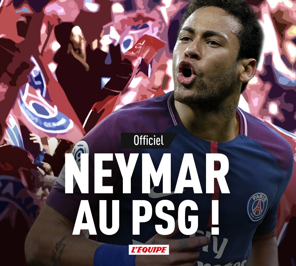 lequipe's tweet photo. Le PSG a officialisé l'arrivée de Neymar qui devient le joueur le plus cher de l'histoire du football. https://t.co/OB4o4PVpvH