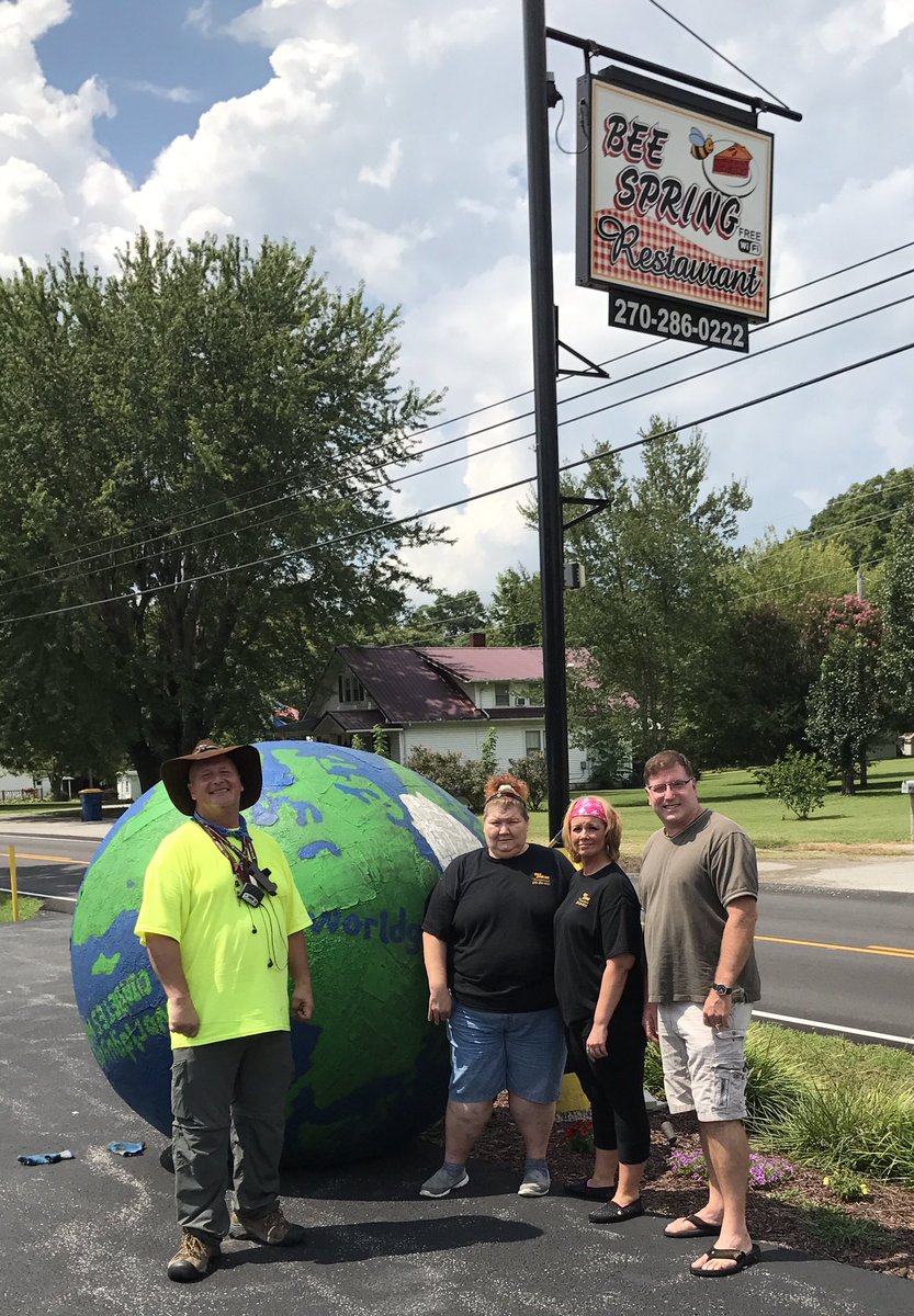 SBrooksKY's tweet photo. Erik Bendl is rolling world ball for Diabetes Awareness from Louisville to Hopkinsville for the Aug 21 Solar Eclipse He ate at BSR #worldguy https://t.co/sr2myWU2Hf