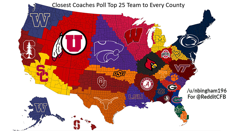 RedditCFB's tweet photo. One of our users mapped each US county with the closest #CoachesPoll Top 25 team. https://t.co/POyYUTQEv0