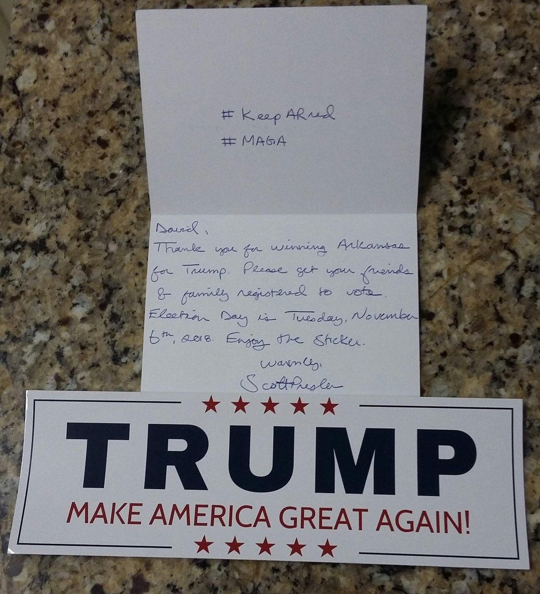 davids0047's tweet photo. @ScottPresler Thanks for the Trump sticker! #MAGA #KeepARred https://t.co/VpeK1yLHiB