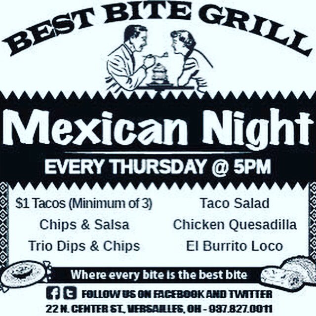Mexican Night starts at 5pm.  All items (with the exception of $1 tacos) are also available for Carryout by calling 947.827.0011