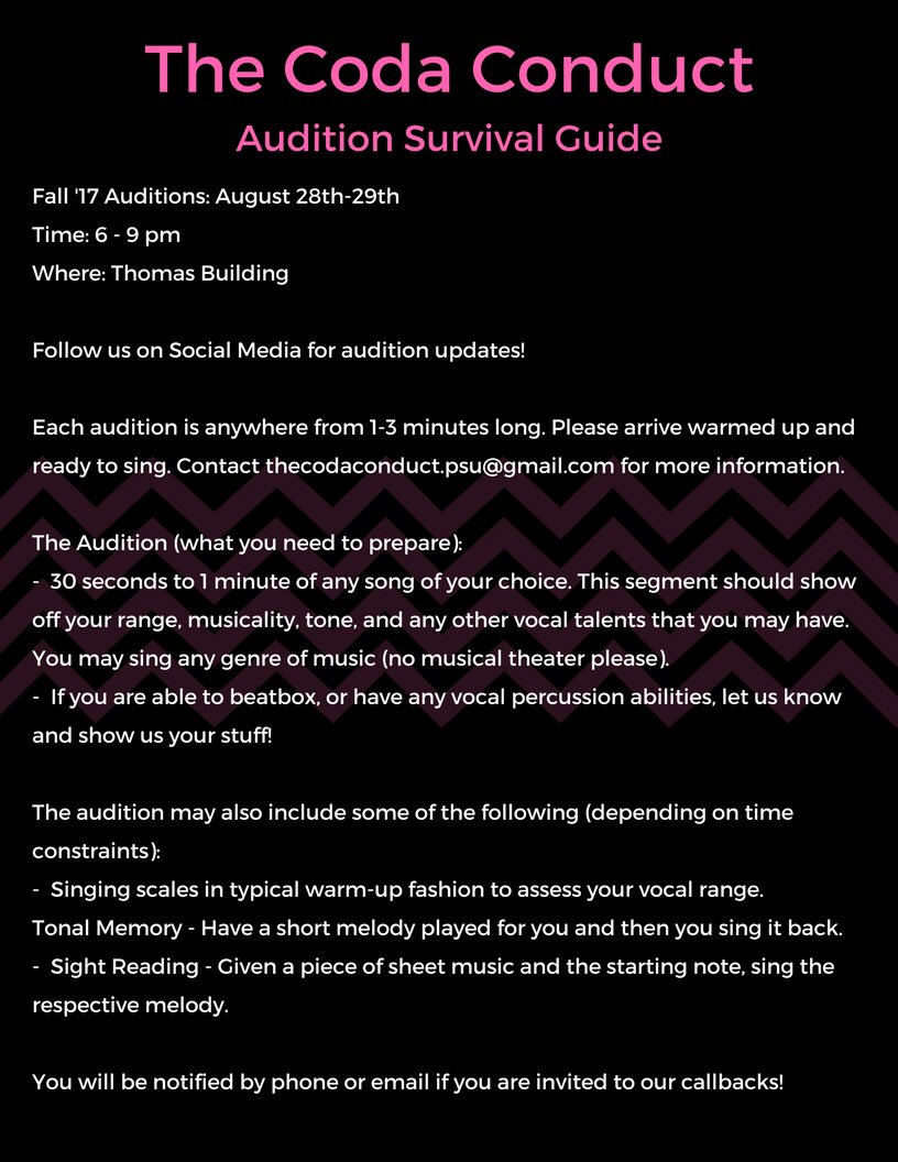 thecodaconduct's tweet image. There are a little more than THREE WEEKS until auditions! Read our Audition Survival Guide so you&apos;re all prepared!