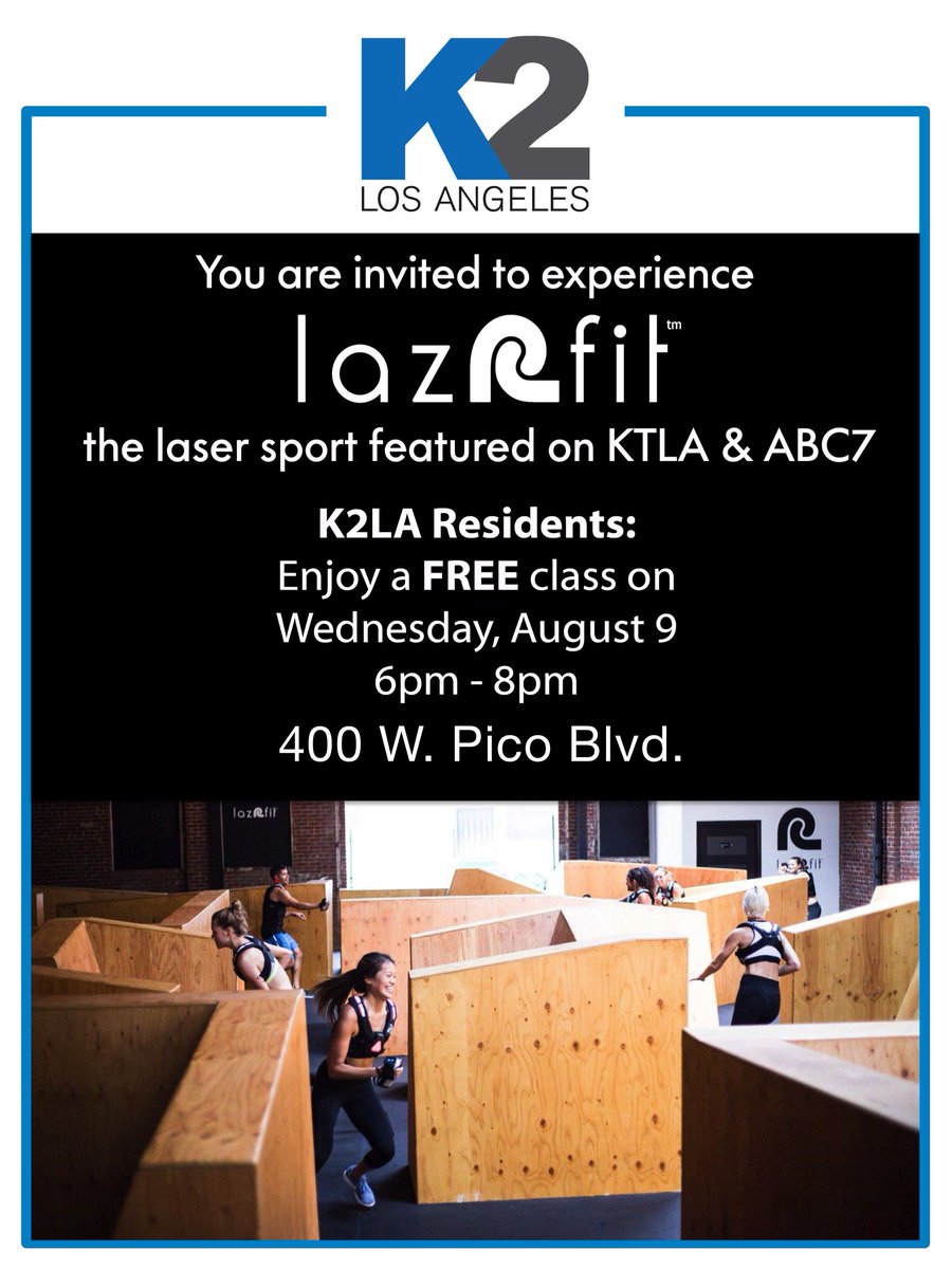 K2LAApts's tweet photo. K2LA Residents - enjoy a free @lazrfit class on Wed. Aug 9th 6-8pm. Look for a flyer or email with RSVP information. #livek2la #lazRfit https://t.co/yzgJgi3VD0
