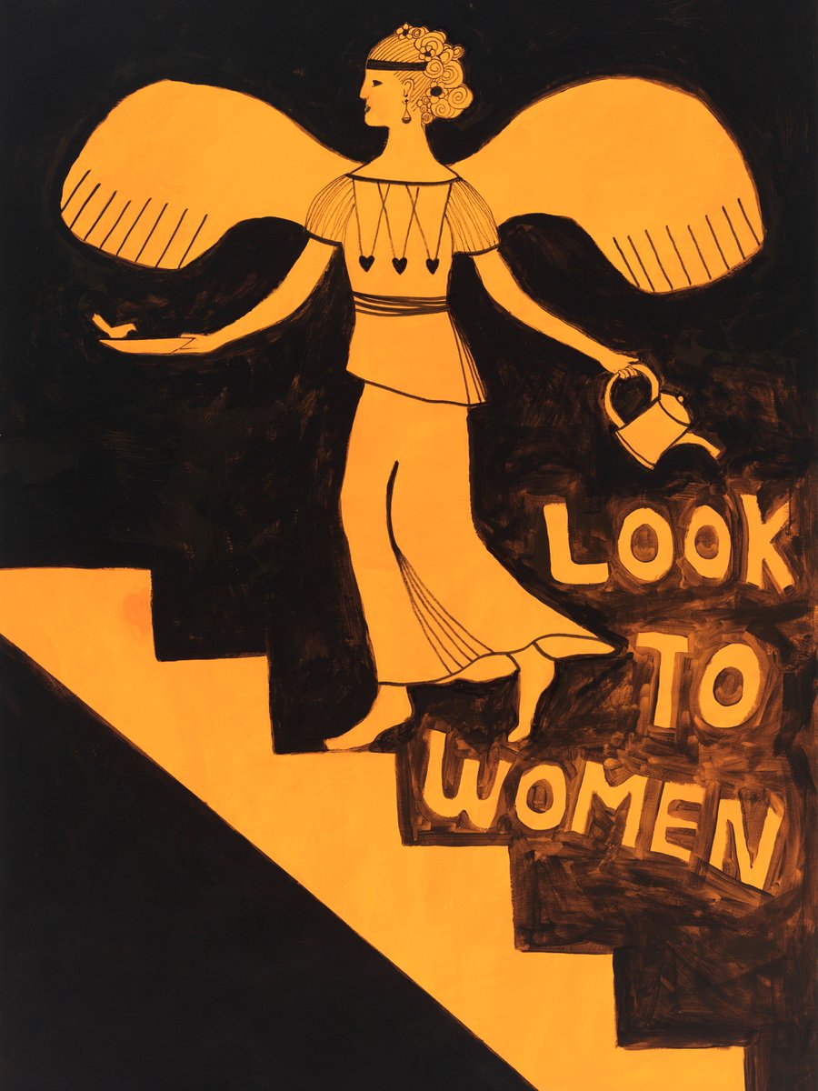 A digital illustration inspired by Ancient Greek art of a woman with wings holding a watering can pointing down towards the words "Look to women." She is standing on steps.