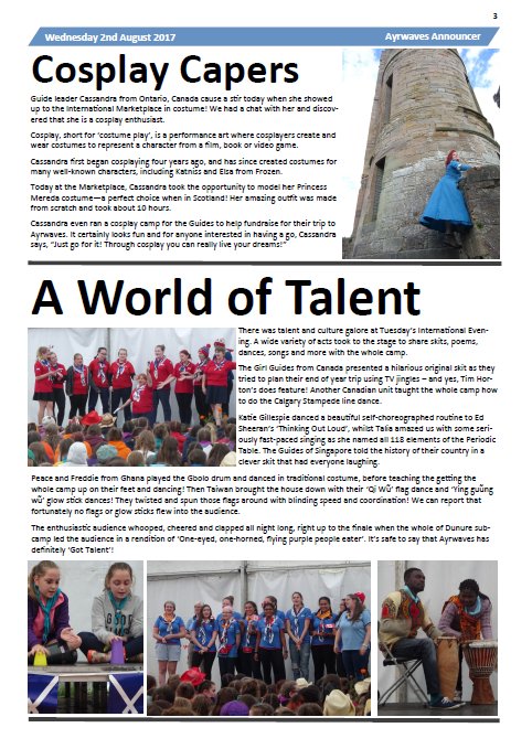 GG_Ayrwaves's tweet photo. Check out Wednesday's copy of The Ayrwaves Announcer! #Ayrwaves2017 @GirlguidingScot https://t.co/NYtUXOMgiC