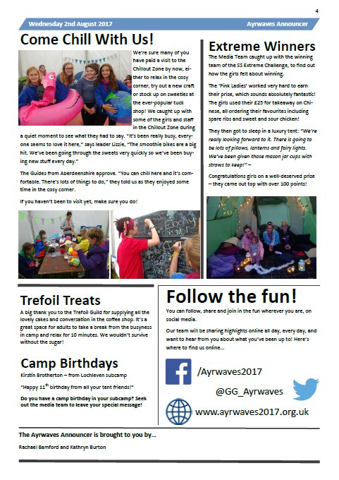GG_Ayrwaves's tweet photo. Check out Wednesday's copy of The Ayrwaves Announcer! #Ayrwaves2017 @GirlguidingScot https://t.co/NYtUXOMgiC