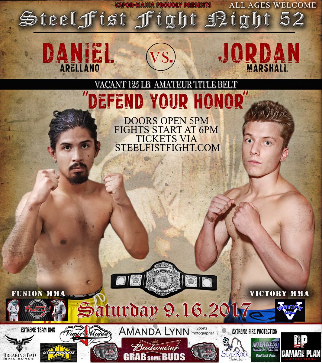 SteelFistFights's tweet photo. SFFN 52 "Defend Your Honor" 9/16/17 All Ages Welcome visit https://t.co/PrruW9W5B2 for tix and info ! #MMA #UFC #SteelFist #BJJ #KO https://t.co/leSLBodW2R