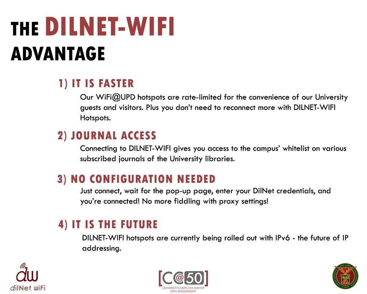 dilnet's tweet image. Our WiFi@UPD might be popular, but depending on your needs DILNET-WIFI might work for you. Lets see how: