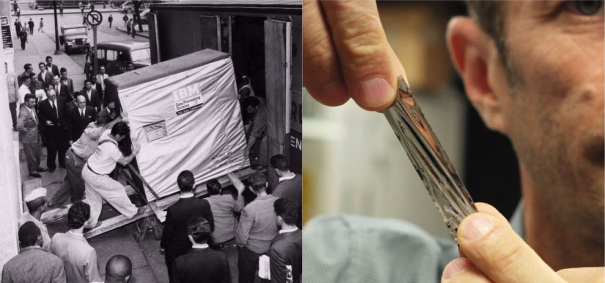 Left: <a href="/IBM/">IBM</a>'s 5MB hard drive (1956). Right: world’s densest tape drive made by <a href="/IBM/">IBM</a> that stores 300 Terabytes of data (2017). Go #technology!