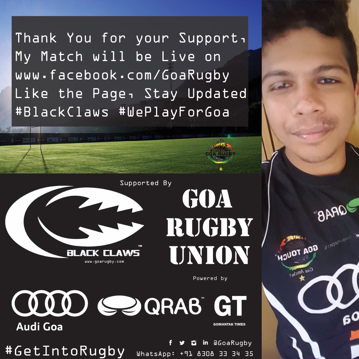 Goa Rugby (@goarugby) on Twitter photo Support our Quest as I step out on Field for the #BlackClaws π€ at the <a href="/RugbyIndia/">Rugby India</a> Nationals next weekend π
Watch me Live π₯
#GoaAmche4 Support our Quest as I step out on Field for the #BlackClaws π€ at the <a href="/RugbyIndia/">Rugby India</a> Nationals next weekend π
Watch me Live π₯
#GoaAmche4