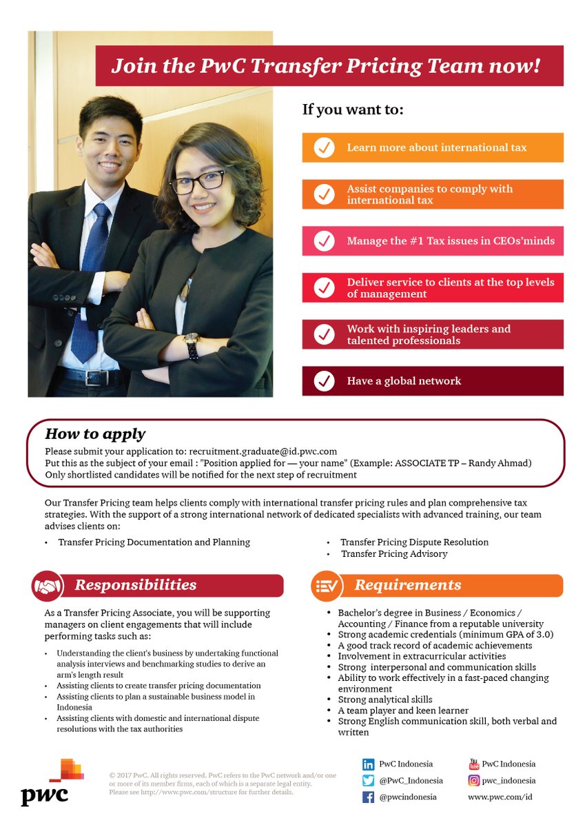 Eager to learn more about international Tax? Currently, we offer opportunity as Associate - Transfer Pricing. Visit pwc.com/id/en/careers