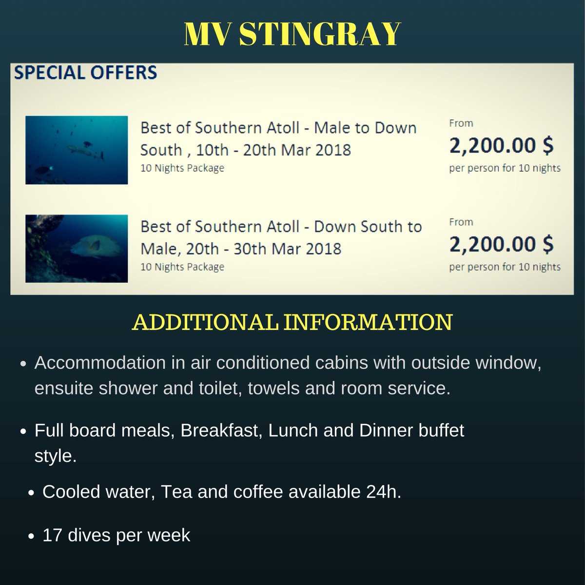 #MV_Stingray , Get 10 nights special package and enjoy your holidays in Maldives with #Maldives_Diving_Adventure. bit.ly/2vyEISj