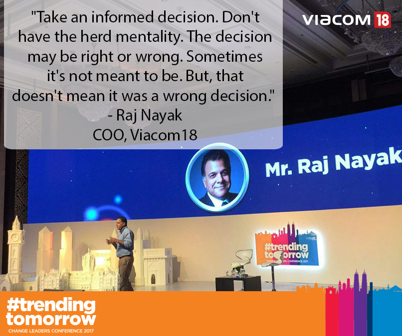 viacom18's tweet photo. .@rajcheerfull emphasizes the best way to make decisions as a leader at #ChangeLeadersConference. #TrendingTomorrow https://t.co/uoY9rxAWXM