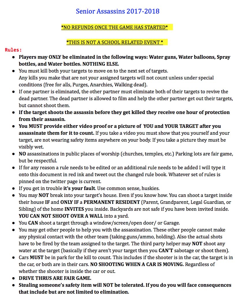 AssasinsHHS18's tweet photo. ▫️Here are the rules ▫️
Make sure you read them ALL. https://t.co/BvAYYEYxjn