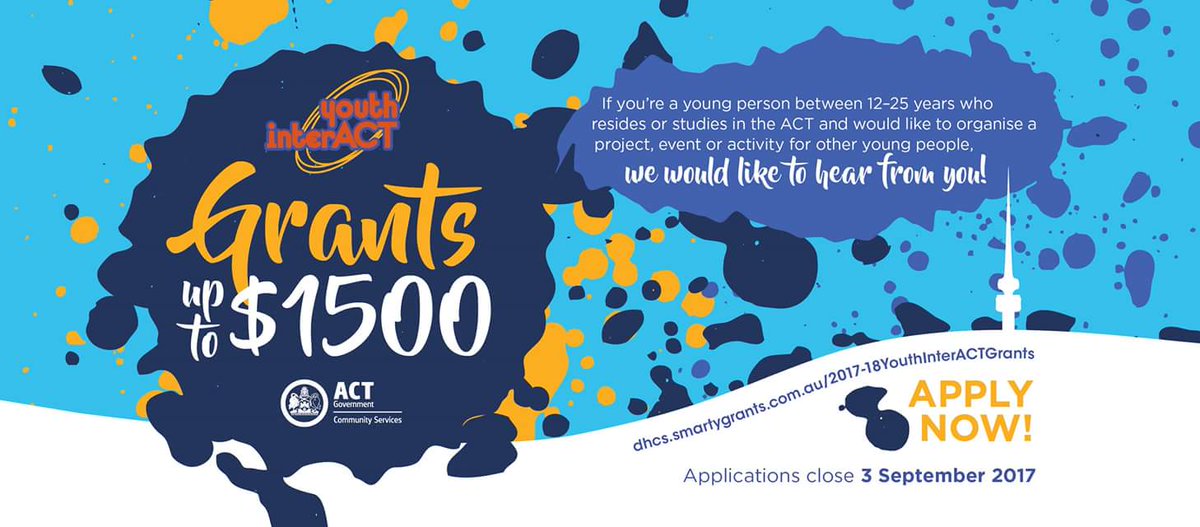 YouthInterACT's tweet photo. Youth InterACT Grants are still open for the next month!

@JPC_ACT @AlfredDeakinHS @LfacCanberra @_CGGS @CanberraGrammar @LanyonHS https://t.co/5W3jaWij7q