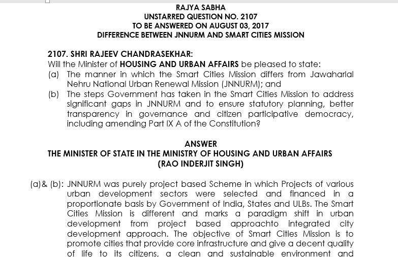 RajeevRC_X's tweet photo. My PQ on difference btw #JNNRUM & #SmartCities answered by @Rao_InderjitS https://t.co/un5K9e9tTP #BigBengaluruFight #UnitedBengaluru https://t.co/MSpAeFUjbD