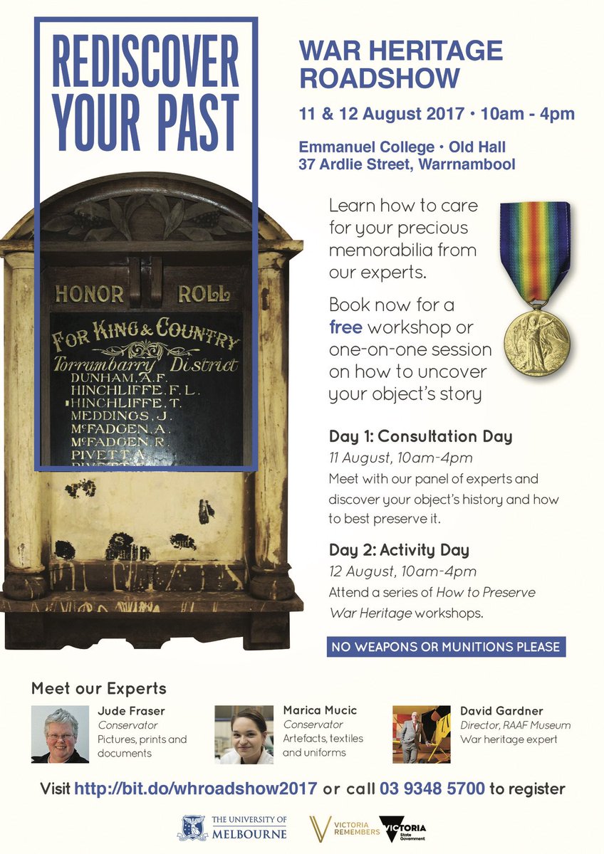 Cultcons's tweet photo. Coming to #Warrnambool War Heritage Roadshow 11 & 12 August Old Hall, Emmanuel College #WHR2017 https://t.co/wauHaQ88IR