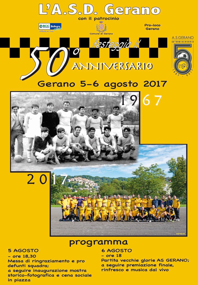 AsGerano1967's tweet photo. Domani festeggiamenti per 50' anniversario #AsGerano1967! #Gerano #EstateConNoi #CalcioNostrano @BarSport_RLA https://t.co/g9AEetxWdE