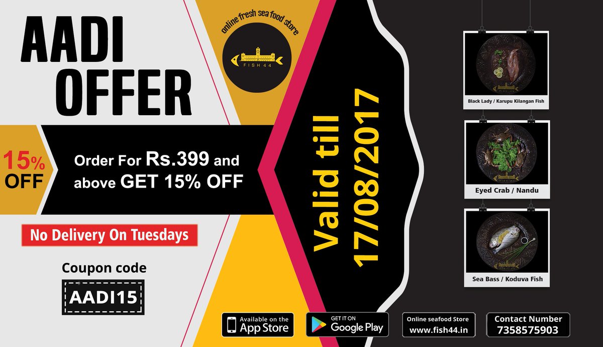 fish44chennai's tweet photo. Aadi Offer! Order for Rs.399 &amp; above get 15% Off.
Call: 07358575903 or visit us: https://t.co/avKkBm525C 
#Seafood #Offers #AadiOffer #Fish https://t.co/iCMvqXSNEL