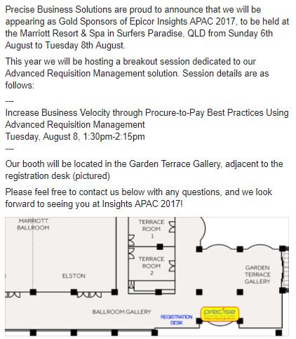 PreciseBiz's tweet photo. #EpicorAPAC #Insights17 this Sunday 6th! Come visit our booth & see what we've been up to over the past 12 months! #PrecisePOS #EpicorARM https://t.co/idLZavIQED
