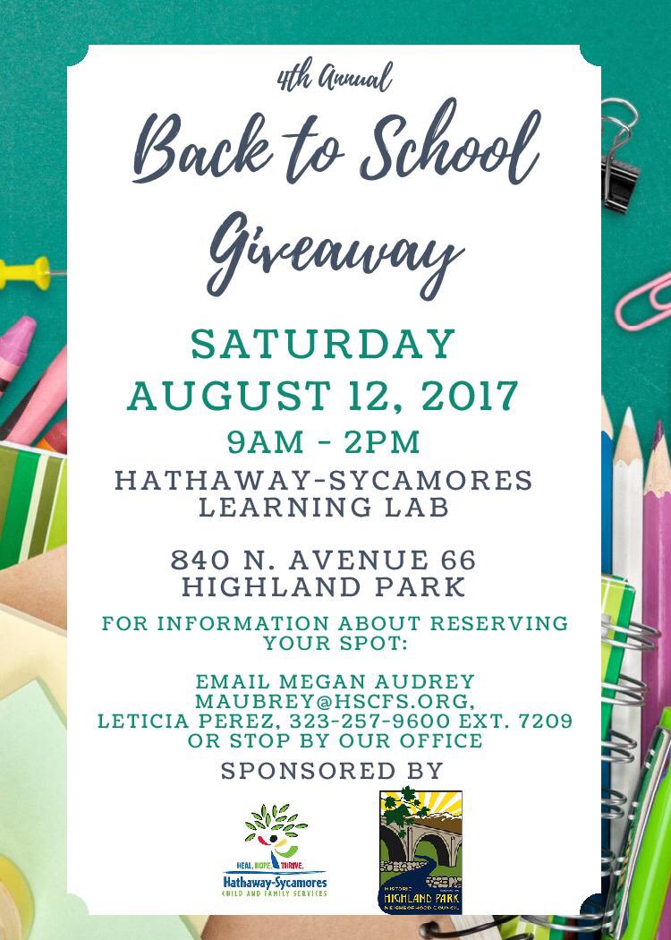 Assortments galore FREE backpacks at Hathaway-Sycamores for youth of all ages...Pre-K thru 12th grade.