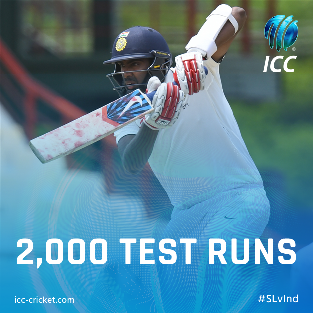 ICC's tweet image. Ravichandran Ashwin&apos;s 50 means he becomes just the 4th India player to complete the 2,000 runs-200 wickets double in Tests #SLvInd