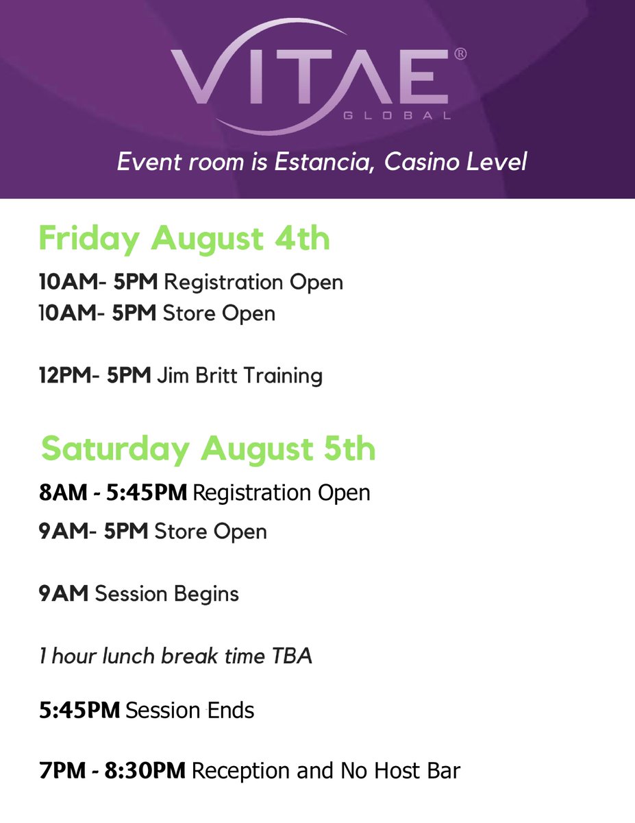 vitae_global's tweet photo. Event Schedule! See you there! #vitaeglobal #prelaunchcelebration #lifeatlevel10 #leanjavabean #LasVegas https://t.co/D9uKmlOQJF