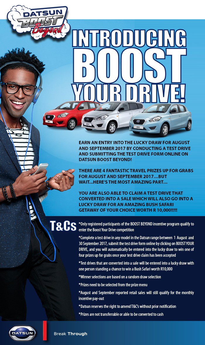 CMHDatsun's tweet photo. BOOST YOUR DRIVE! 
Test Drive any Datsun between 1 August and 30 September to enter the competition.
T's And C's Apply 
#CMH #Datsun #Durban https://t.co/61KZUhRLDh