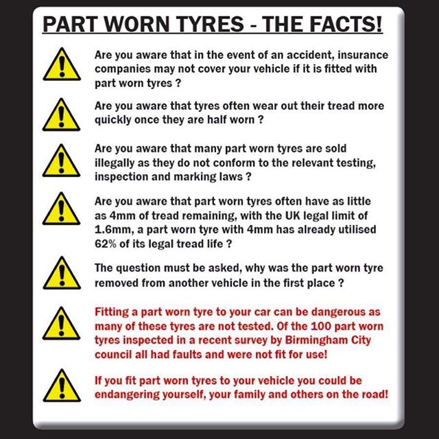 TobyTyres's tweet photo. Know the facts and risks before you buy part worn tyres! 
We can often supply you with cheaper new tyres, give us a call today 0161 813 2238 https://t.co/o51z4jpWrz