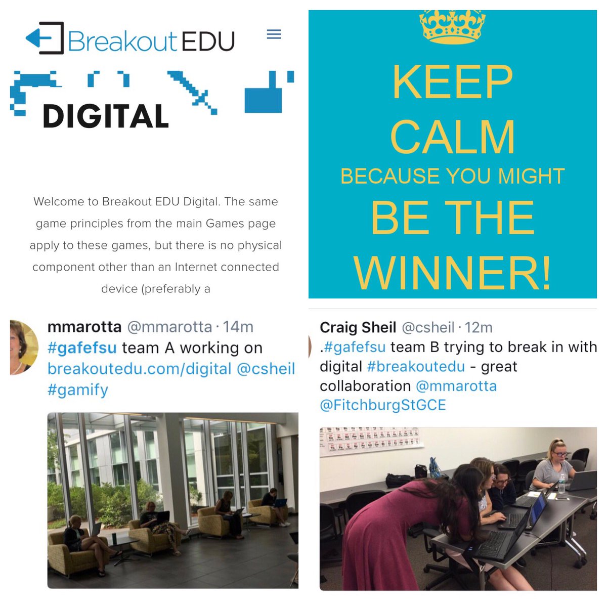 mmarotta's tweet photo. Who will win @breakoutEDU digital Team A or B?  Hints now and ten minutes to solve! @csheil #gafefsu @FitchburgStGCE https://t.co/BfiLcXWrFJ