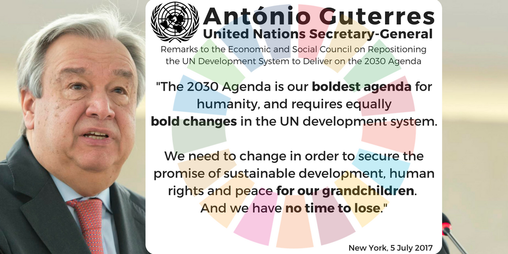 UNGeneva's tweet photo. "No time to lose" to deliver on #GlobalGoals as sustainable development "pivotal" to the lives of every person, everywhere- @antonioguterres https://t.co/1sET9edGgX