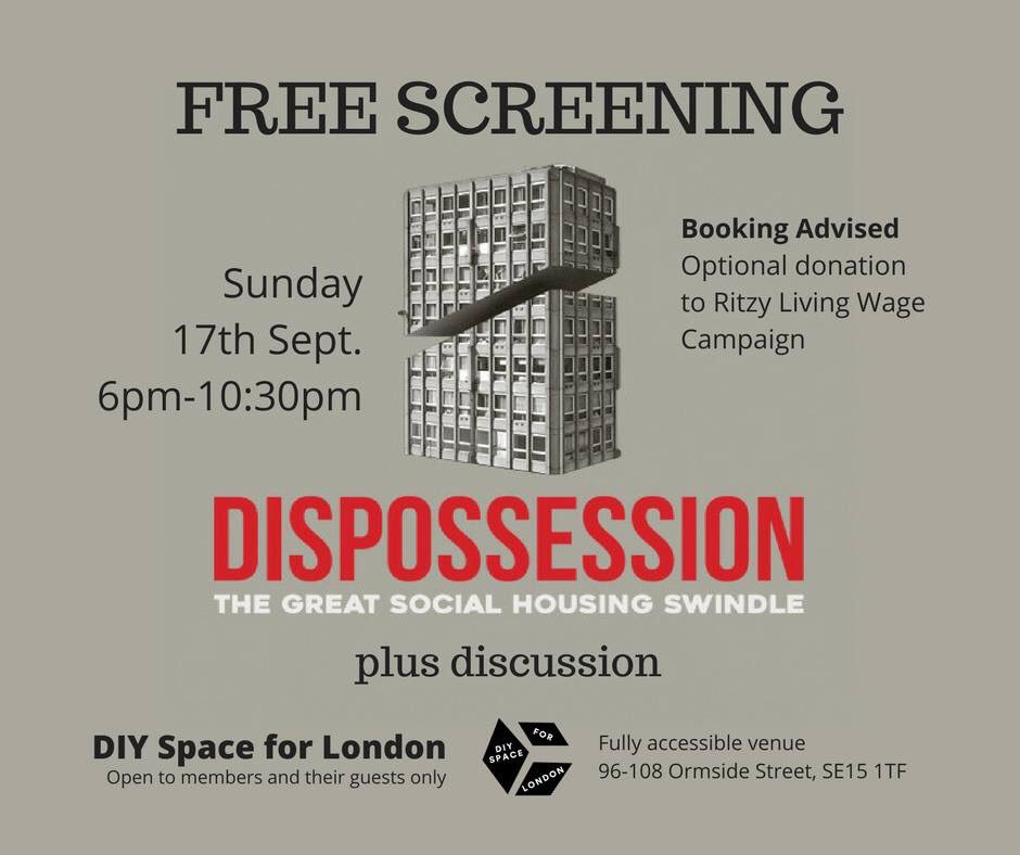 Free screening of Dispossession: The Great Social Housing Swindle 
@velvetjoyltd 
followed by discussion and social diyspaceforlondon.org/event/free-dis…