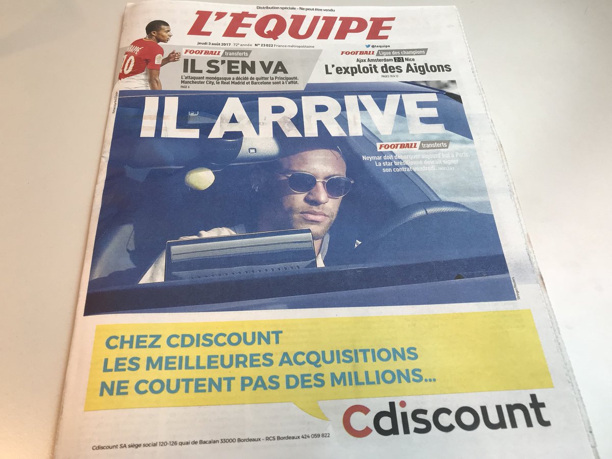 ArnaudLeRoux's tweet photo. Bravo à @Cdiscount pour ce #ambush #Marketing de haute volée, surfant sur l'actualité #Neymar dans @lequipe d'hier! #NeymarPSG #NeymarAuPSG https://t.co/qLUtuMuLg1