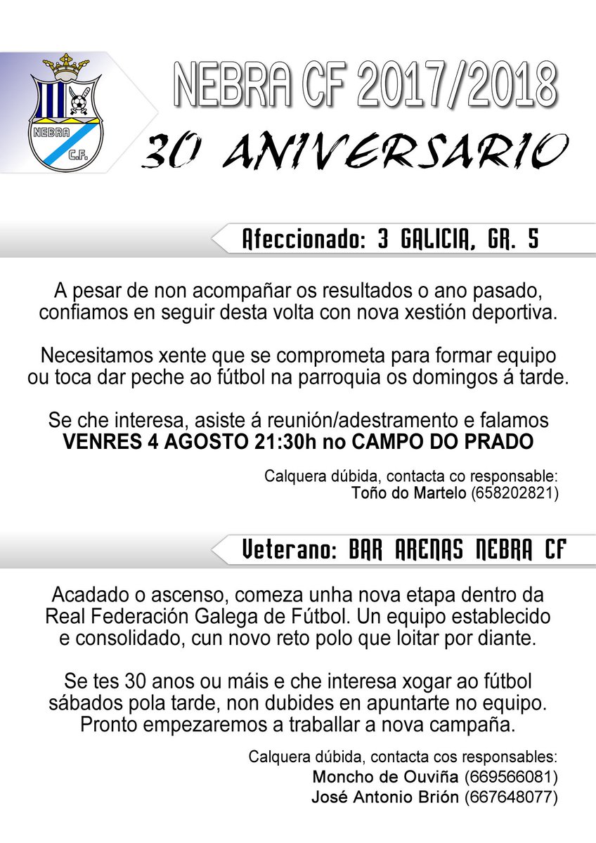 NebraCF's tweet photo. Hoxe venres 4 ás 21:30h reunión importante no campo da Aguieira para decidir o futuro do equipo afeccionado. Se che interesa, non faltes. https://t.co/kHjdOf164o