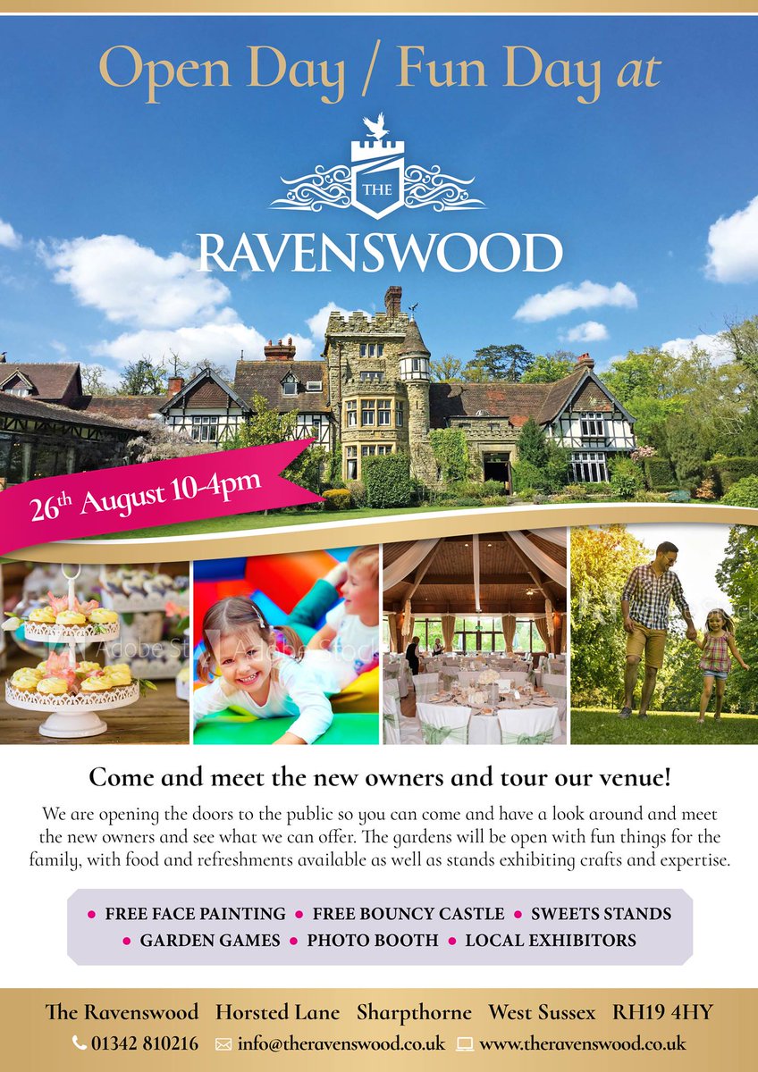 RavenswoodVenue's tweet photo. Come to The Ravenswood's Open Day Fun Day - Sat 26th Aug 2017 https://t.co/3VTvXt84Vd #free #bouncycastle #stalls #weddings #gardens #fun https://t.co/aXRAiu7mAh