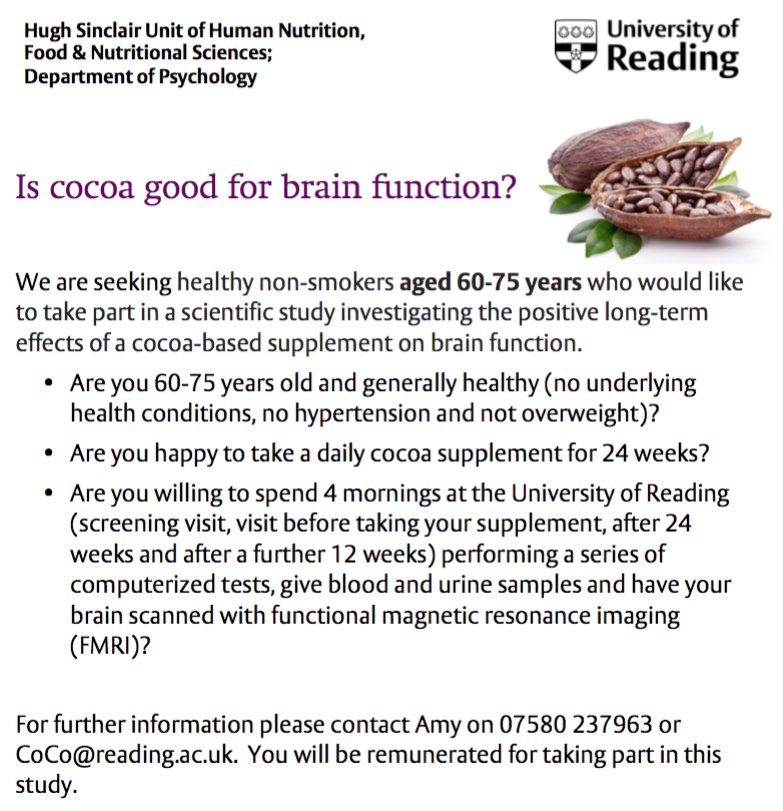 We are looking for healthy volunteers, aged 60-75 to test the health benefits of cocoa. Contact for more info! #cocoa #cognition #nutrition
