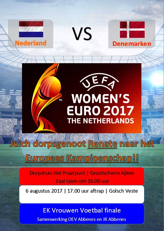 #Abbenes kijkt EK finale in dorpshuis. Iedereen is welkom om <a href="/Renate_09/">Renate Jansen</a> Europees Kampioen te zien worden.
<a href="/oranjevrouwen/">OranjeLeeuwinnen</a> <a href="/BenW_HLMRMeer/">BenW Haarlemmermeer</a>