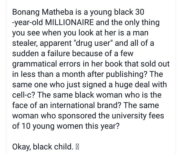 Bongi_Mqhedlane's tweet photo. #Lalela #WriteLikeBonang #blackchild @bonang_m be great and continue shinning https://t.co/dxGGQSwZeW
