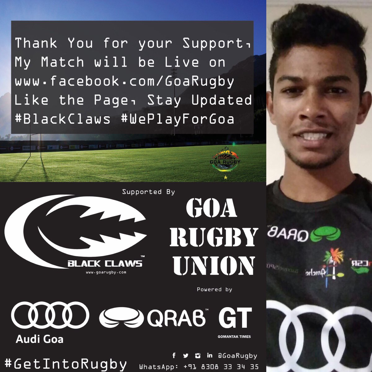 Goa Rugby (@goarugby) on Twitter photo Support our Quest as I step out on Field for the #BlackClaws π€ at the <a href="/RugbyIndia/">Rugby India</a> Nationals next weekend π
Watch me Live π₯
#GoaAmche4 Support our Quest as I step out on Field for the #BlackClaws π€ at the <a href="/RugbyIndia/">Rugby India</a> Nationals next weekend π
Watch me Live π₯
#GoaAmche4