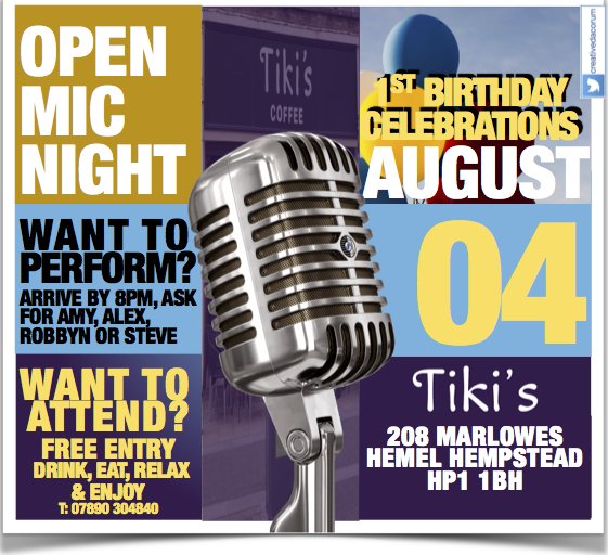CreativeDacorum's tweet photo. #Dacorum Celebrating 1 year birthday, Tiki’s Live Open Mic @TikisCoffee tonight! Free 2 enter &amp; enjoy. https://t.co/kV0C6JADT1 https://t.co/XJgVHo2KA5