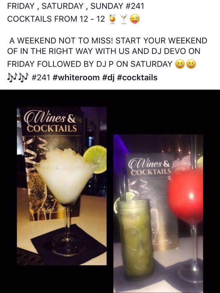 whiteroomM45's tweet photo. Start your weekend off in the right way FRIDAY, SATURDAY, SUNDAY 12-12....2-4-1 on All cocktails....🍸🍹🍸🍹🍸🍹🍸🍹 https://t.co/ViZ2kdPwgN
