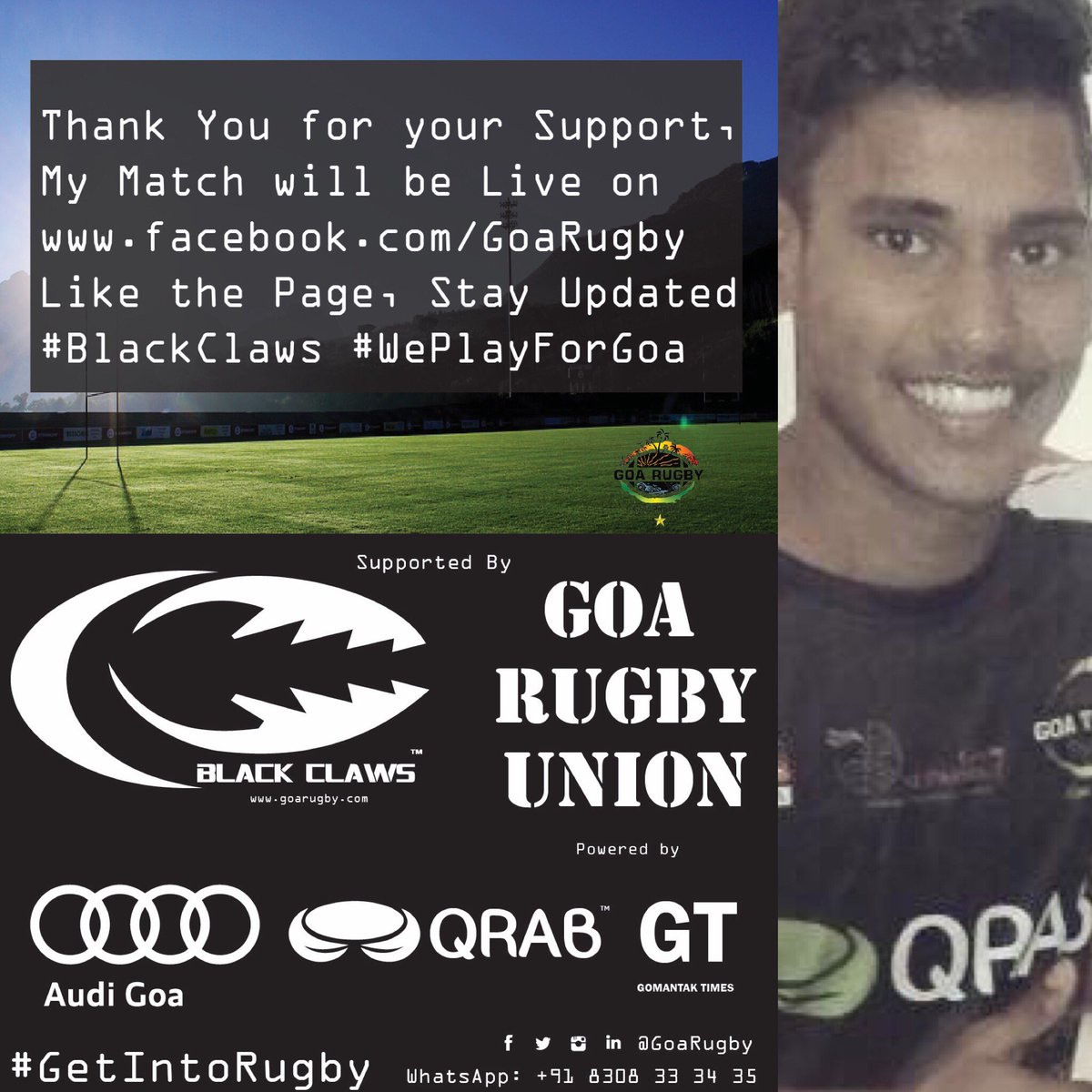 Goa Rugby (@goarugby) on Twitter photo Support our Quest as I step out on Field for the #BlackClaws π€ at the <a href="/RugbyIndia/">Rugby India</a> Nationals next weekend π
Watch me Live π₯
#GoaAmche4 Support our Quest as I step out on Field for the #BlackClaws π€ at the <a href="/RugbyIndia/">Rugby India</a> Nationals next weekend π
Watch me Live π₯
#GoaAmche4