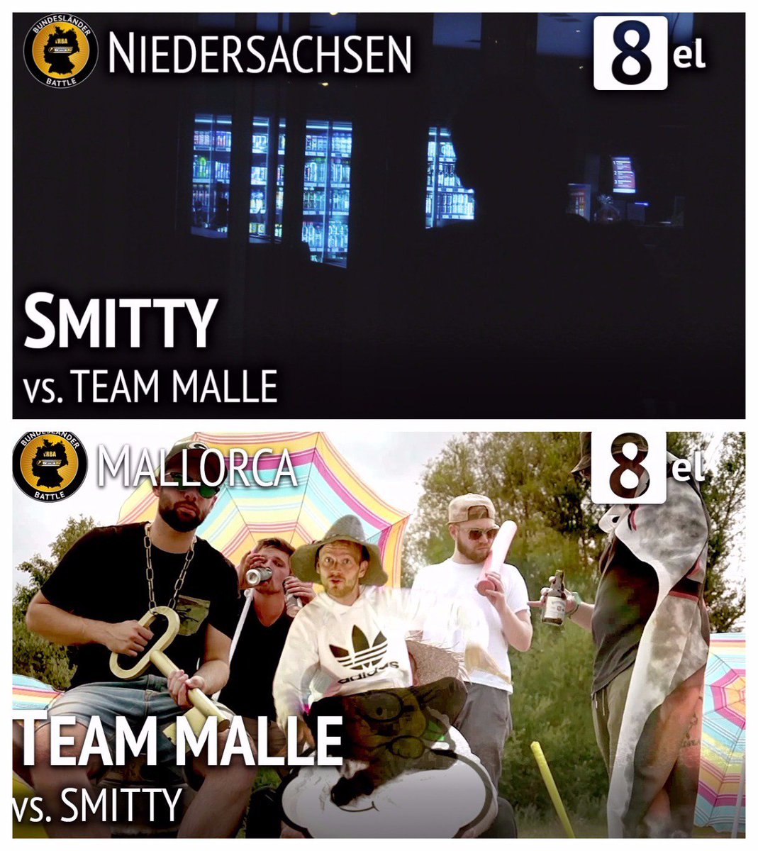 rappersinvbt's tweet photo. Heute, 18 Uhr: Das letzte Battle des Achtelfinales! Smitty [NDS] vs. Team Malle (Acou, Brian Diamond, Chrilson, Sherloki, Sinny) [NDS]! https://t.co/pFObrADLe1