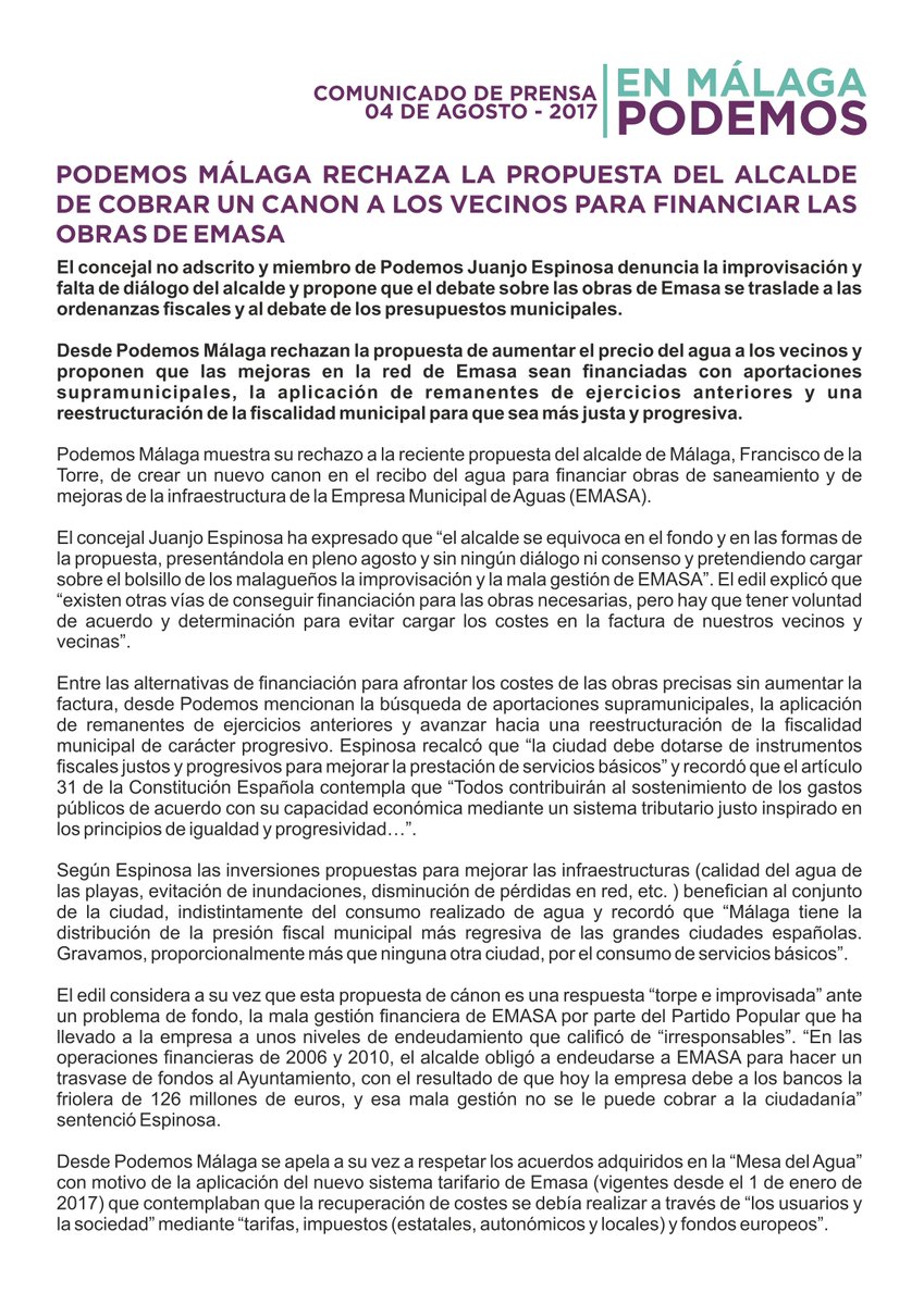 podemosmalaga's tweet photo. Podemos Málaga rechaza la propuesta del alcalde de cobrar un nuevo canon a los vecinos para financiar las obras de Emasa. https://t.co/U768TZWIl8